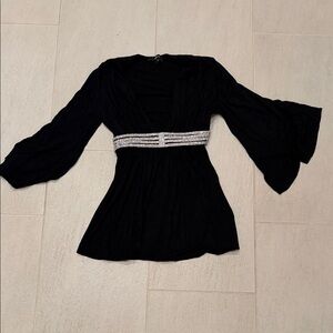 Sky Black V-Neck Blouse with Rhinestone Waistband